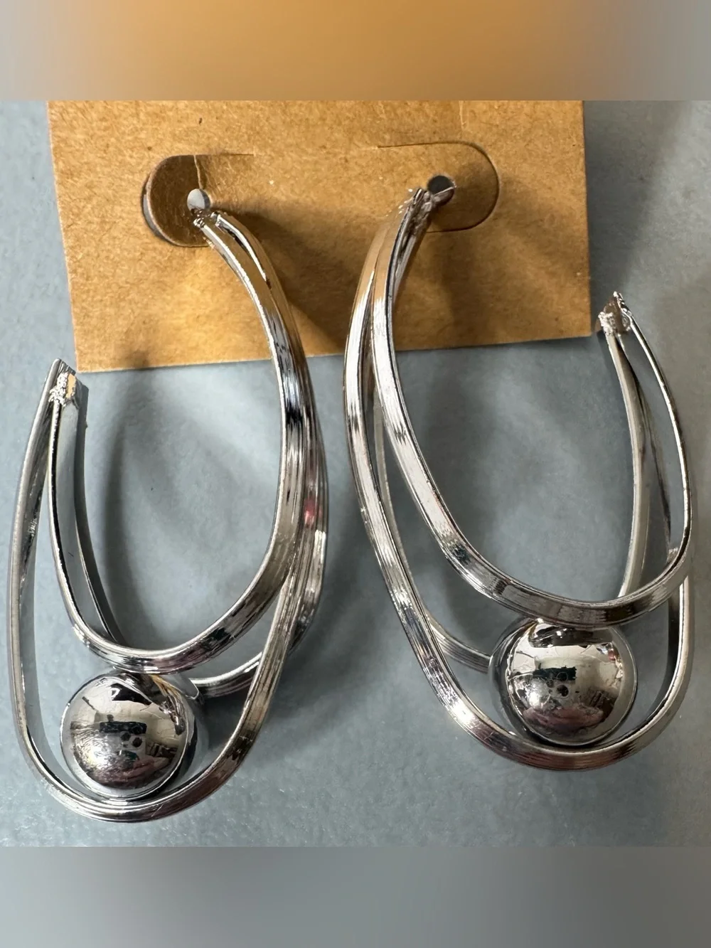 Silver Double-Loop Hoop Earrings with Orb Accent